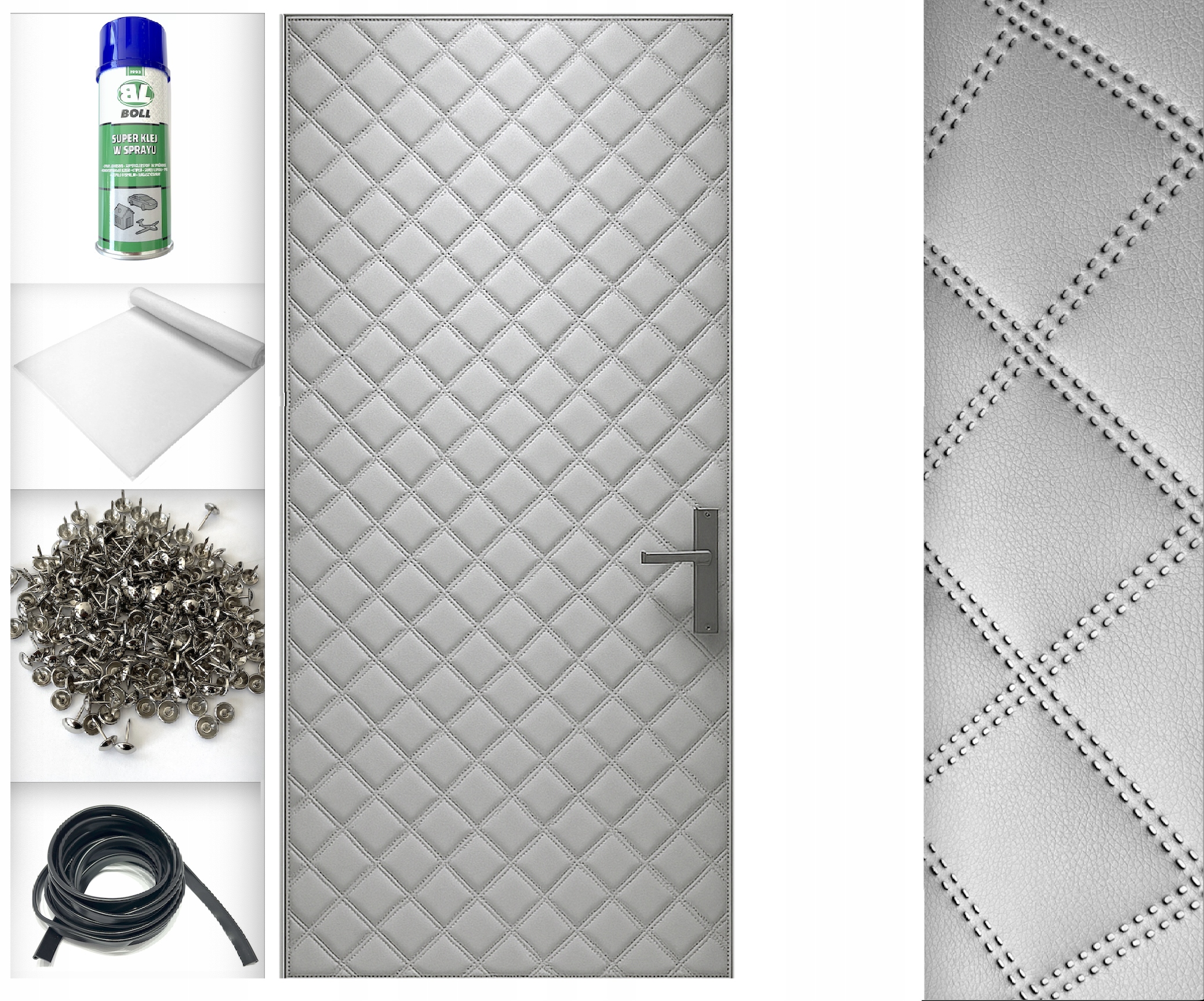 Světle šedá 115x215 Dveřní Čalounění Potah na dveře Prošívaný Příslušenství