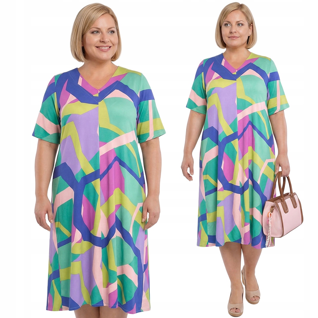 Šaty s barevnými geometrickými vzory plus size velikost 64
