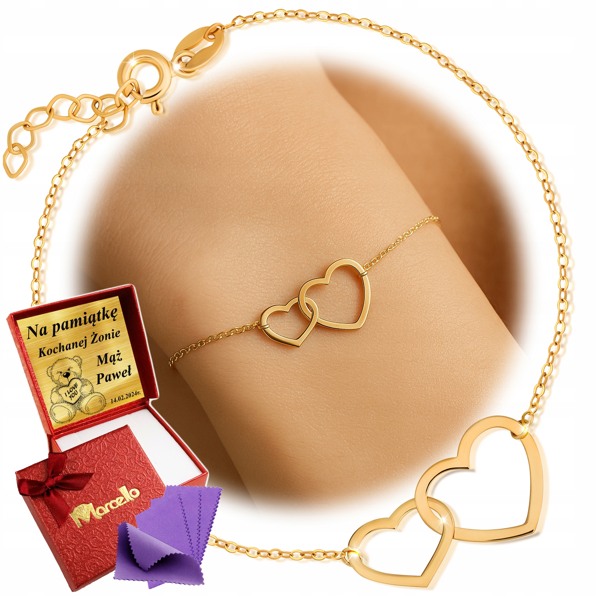 Złota Bransoletka 585 Celebrytka Serca Złączone Serduszka Upominek