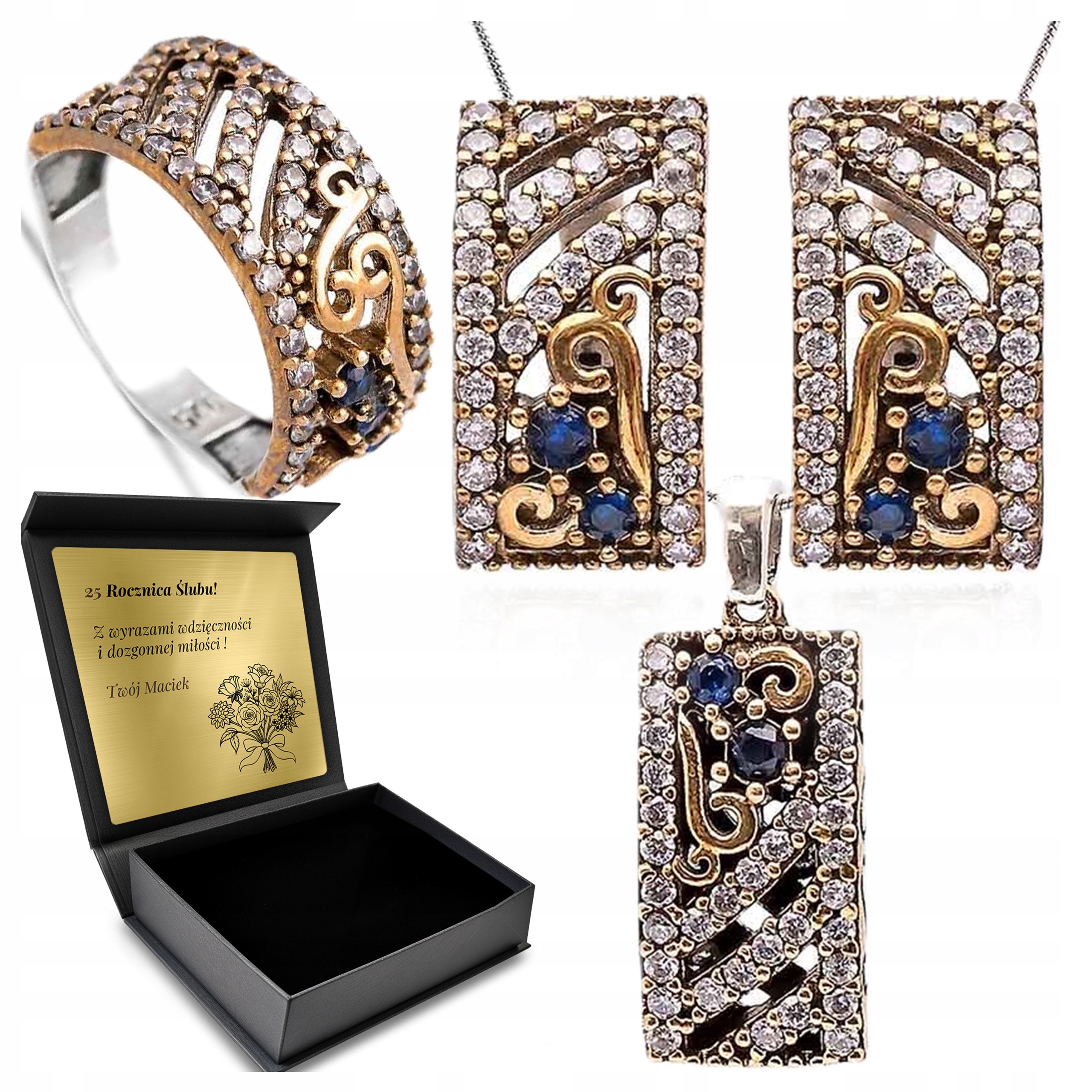 Sada Stříbrných Šperků 925 S Zirkony A Safírem Pro Ženu Gravírování
