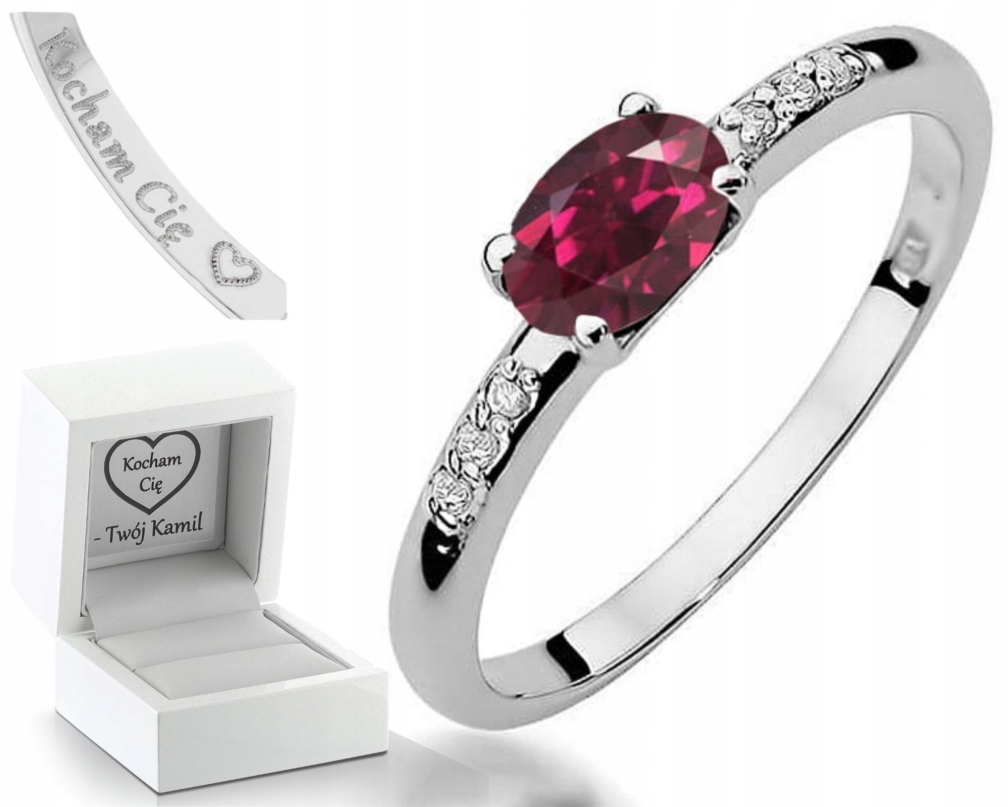 Zlatý Prstýnek Prsten S Rhodolity A Diamanty, Gravírování V Bílém Zlatě