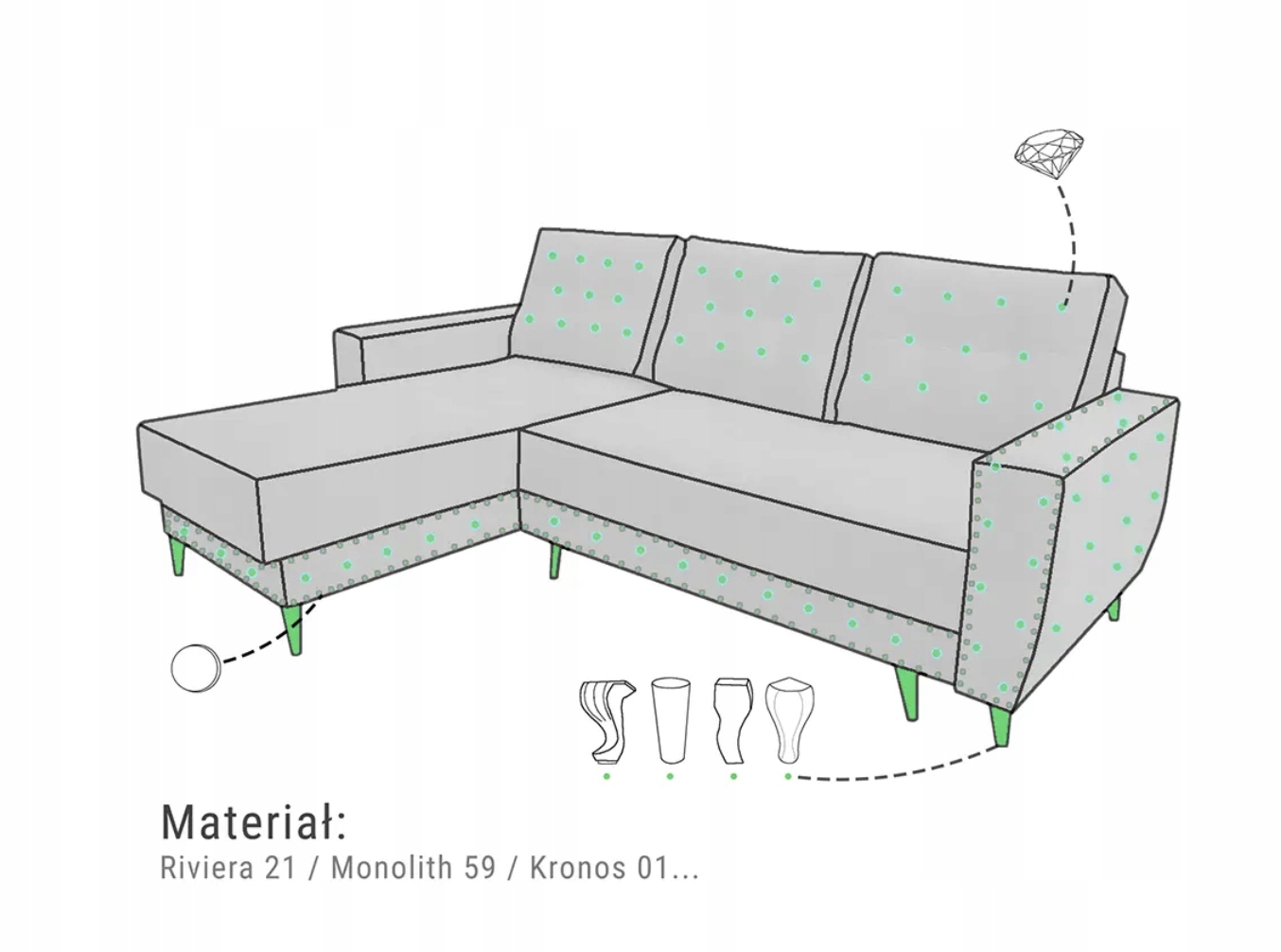WYGODNY NAROŻNIK Z FUNKCJĄ SPANIA W STYLU GLAMOUR PRAWOSTRONNY Kod producenta WY199