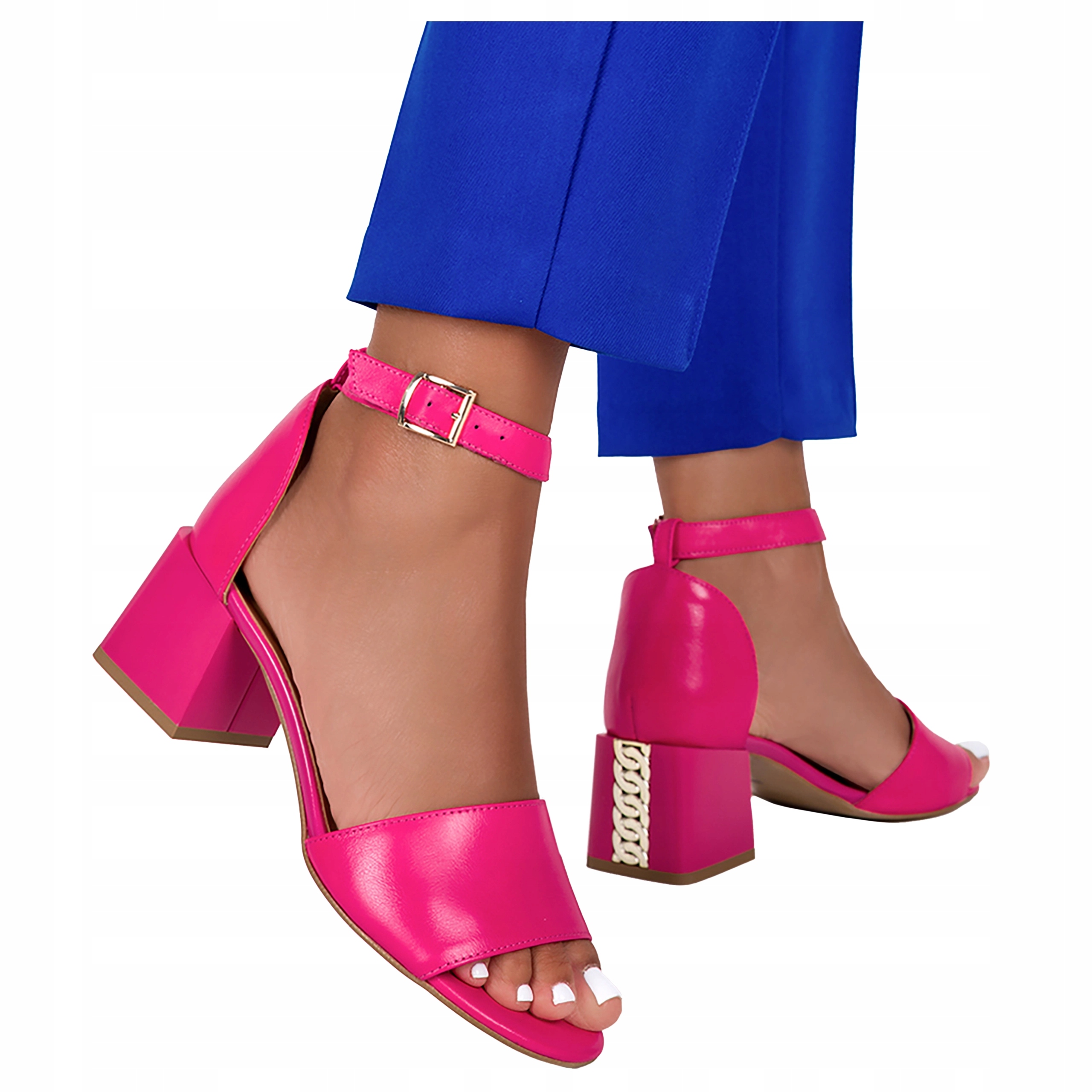 Dámské Sandály Fuchsiové Kožené Pohodlné Elegantní Na Podpatku Klocku vel. 35