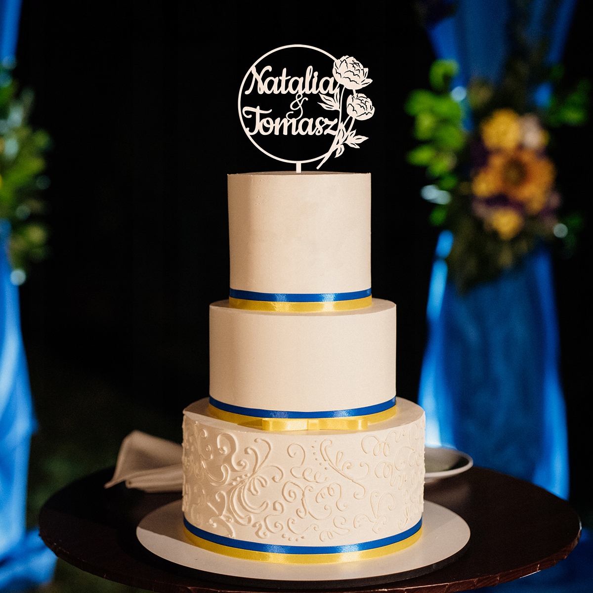 Topper napis tort na ślub wesele kwiaty dekoracja Rodzaj ozdoby waflowe