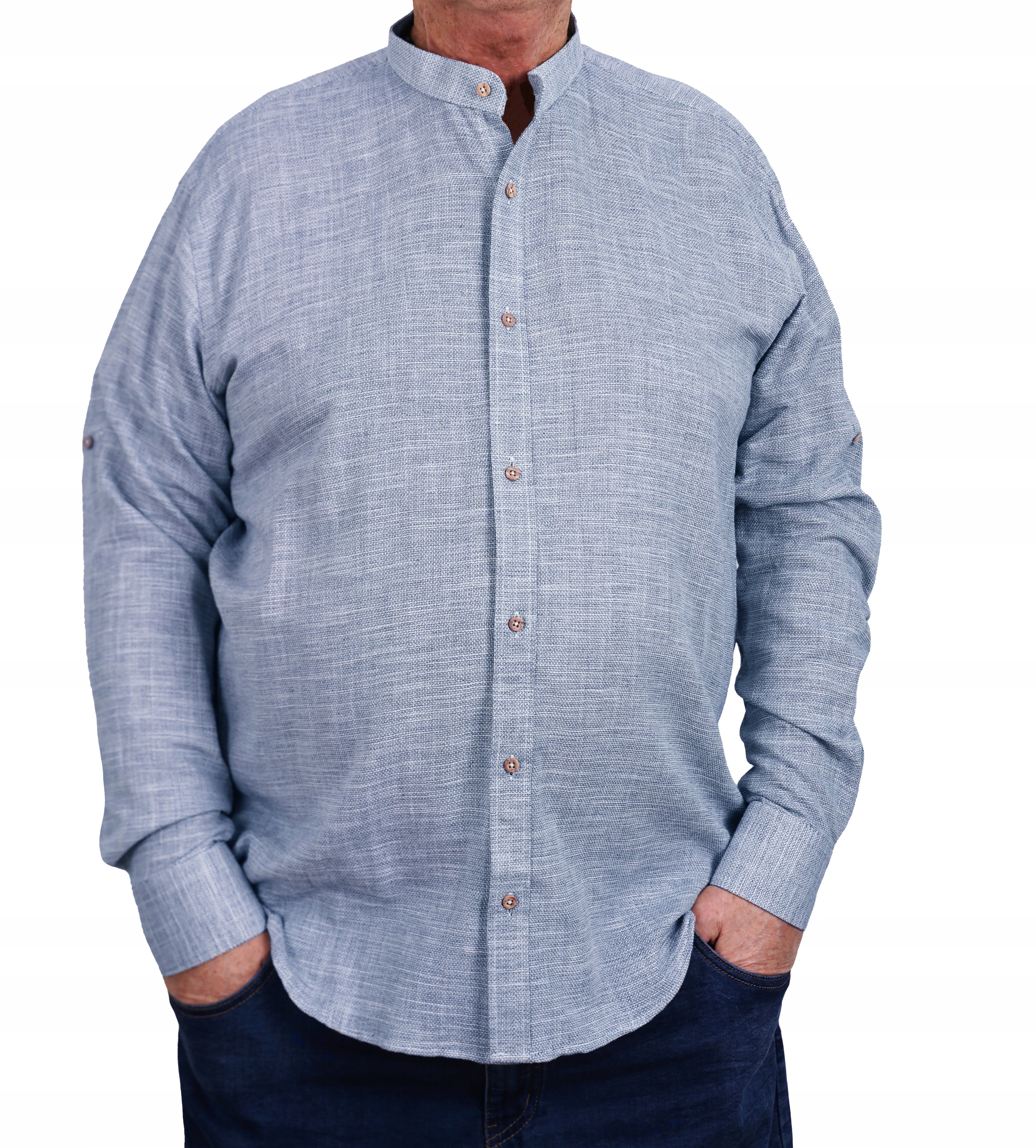 KOSZULA MĘSKA JAK LNIANA ZE STÓJKĄ NIEBIESKA TURECKA BAWEŁNIANA CASUAL 6XL Rozmiar 6XL