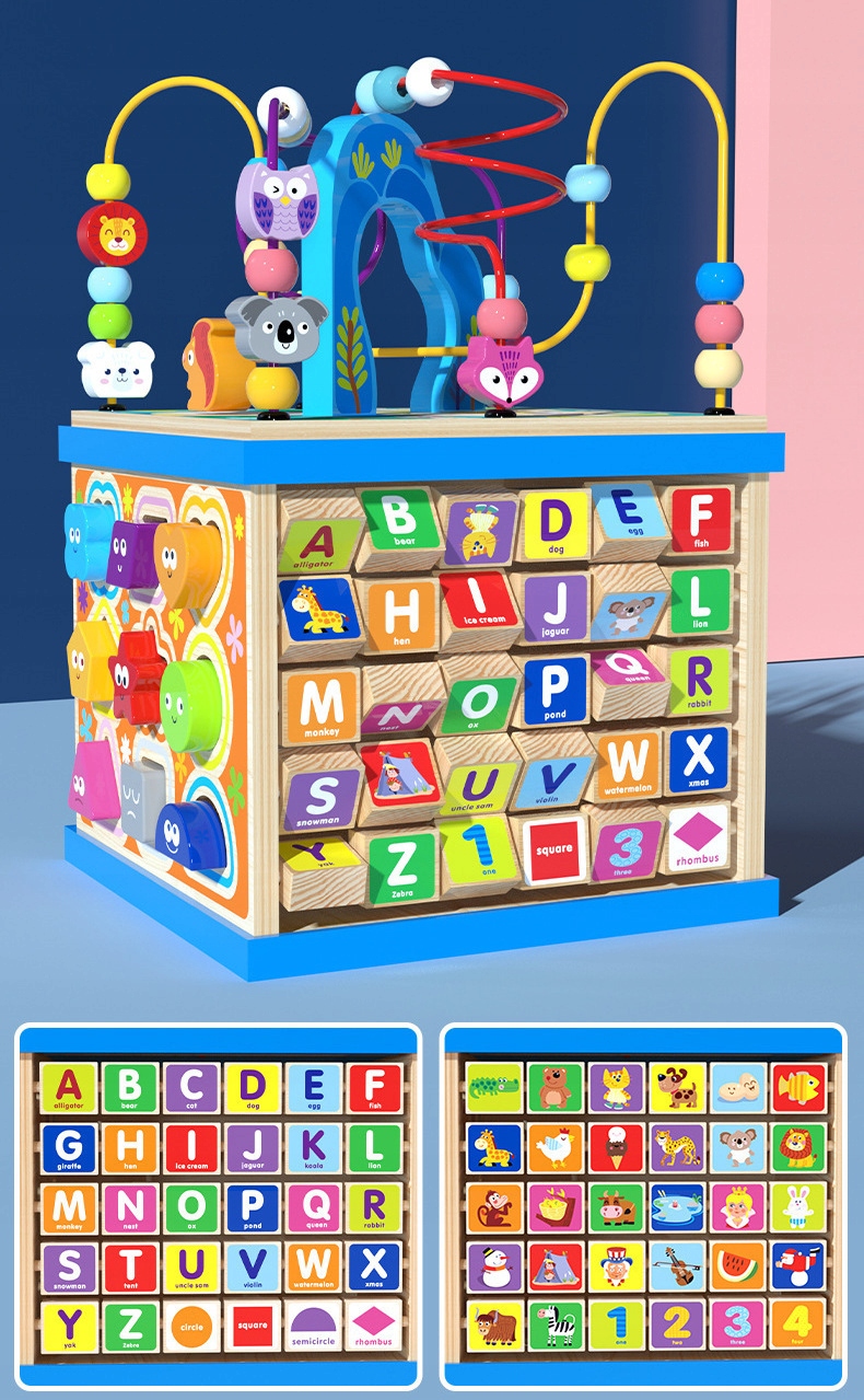 MEDINIS RŪŠIUOKLĖLIS MOKYMOSI KUBAS ABĖCĖLĖ SPALVINGA MONTESSORIO LABIRINTAS Originali pakuotė