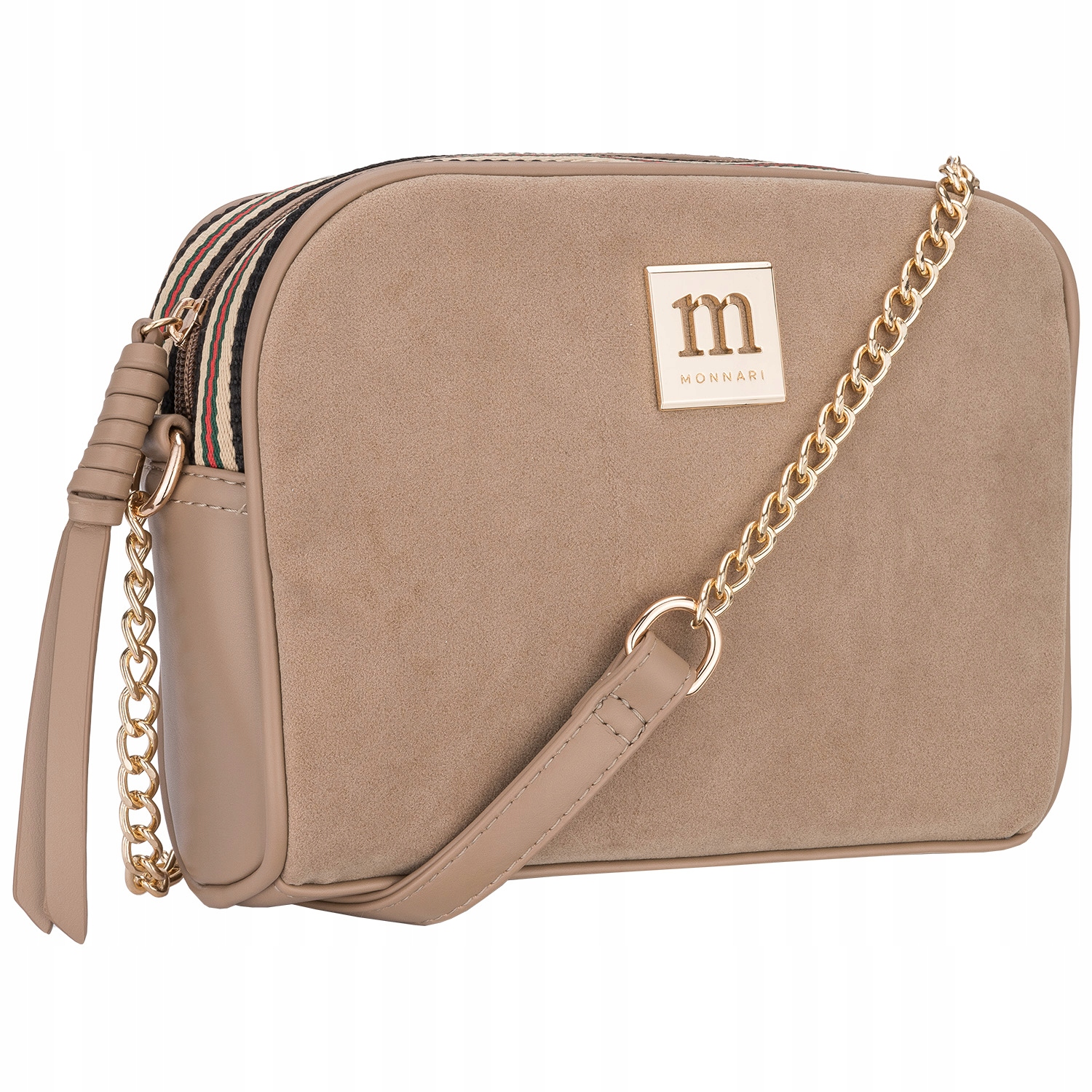 Torebka Damska Listonoszka Monnari Camel Beż Zamsz Logo Pasek Regulowany