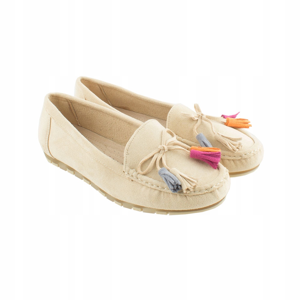 ZAMSZOWE MOKASYNY DAMSKIE BALERINKI Z FRĘDZLAMI WYGODNE BEŻOWE LEKKIE