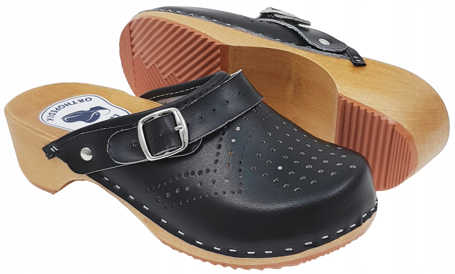 POLSKIE Chodaki Damskie Drewniaki z Klamrą Skórzane Klapki Medyczne *36* Rozmiar 36