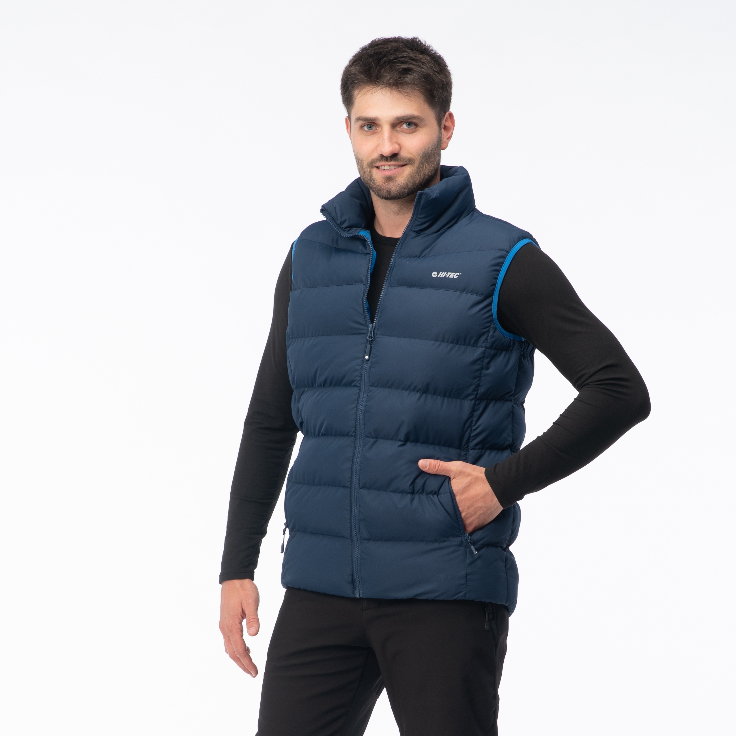 Pánská prošívaná vesta Hi-tec Sanis modrá, 100% polyester, reflexní prvky, XXL