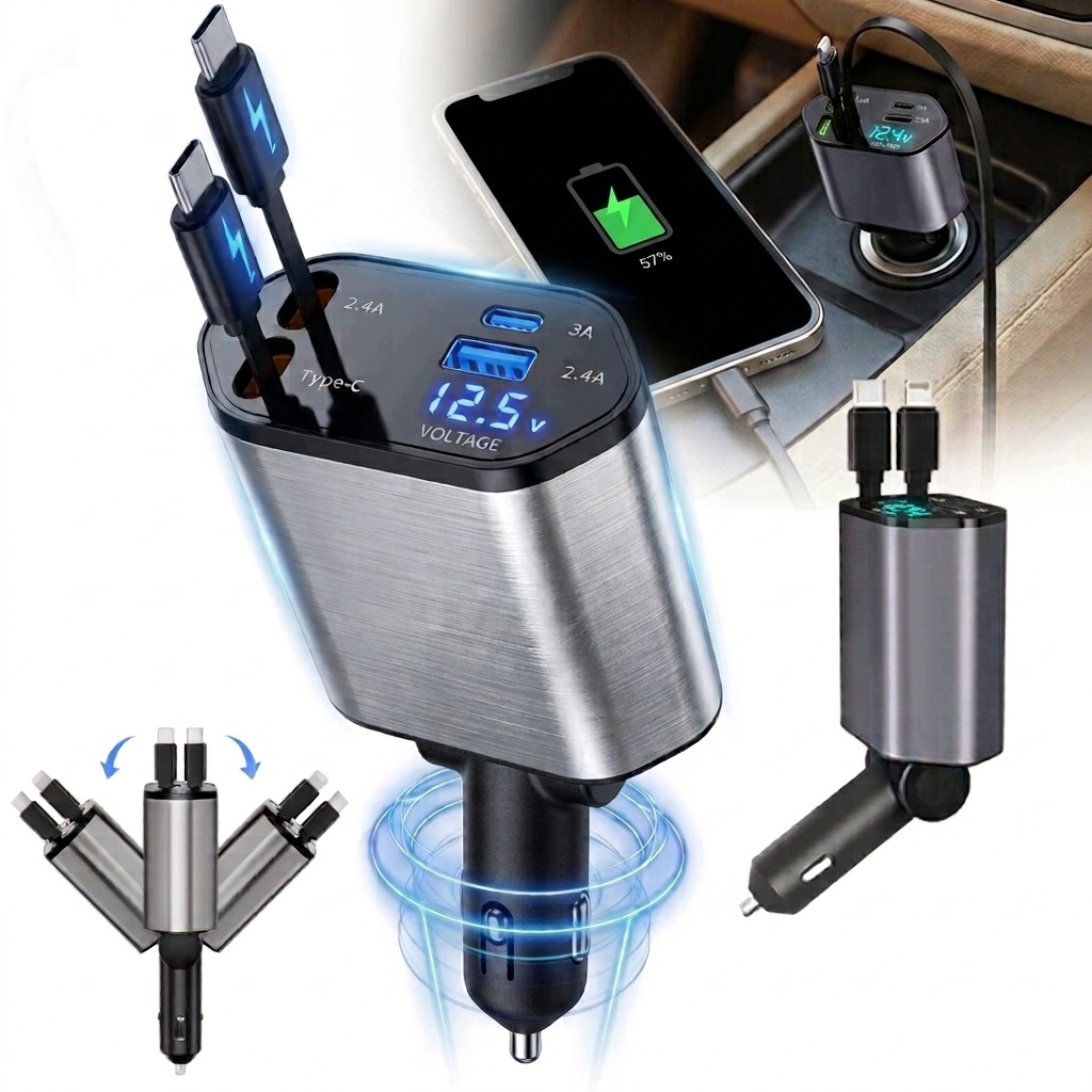 Ładowarka Samochodowa 4W1 Usb C Ios Przegub Zwijak 100W Szybkie Ładowanie