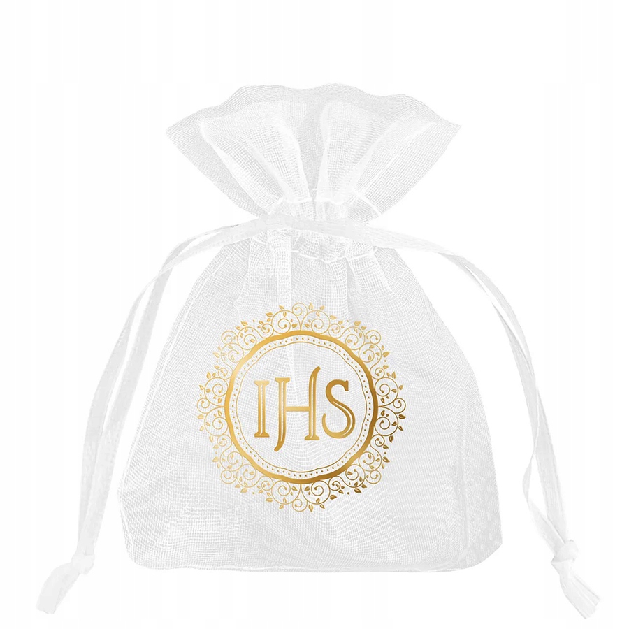 WORECZKI Z ORGANZY na Komunie IHS białe 10 szt na upominki dla gości