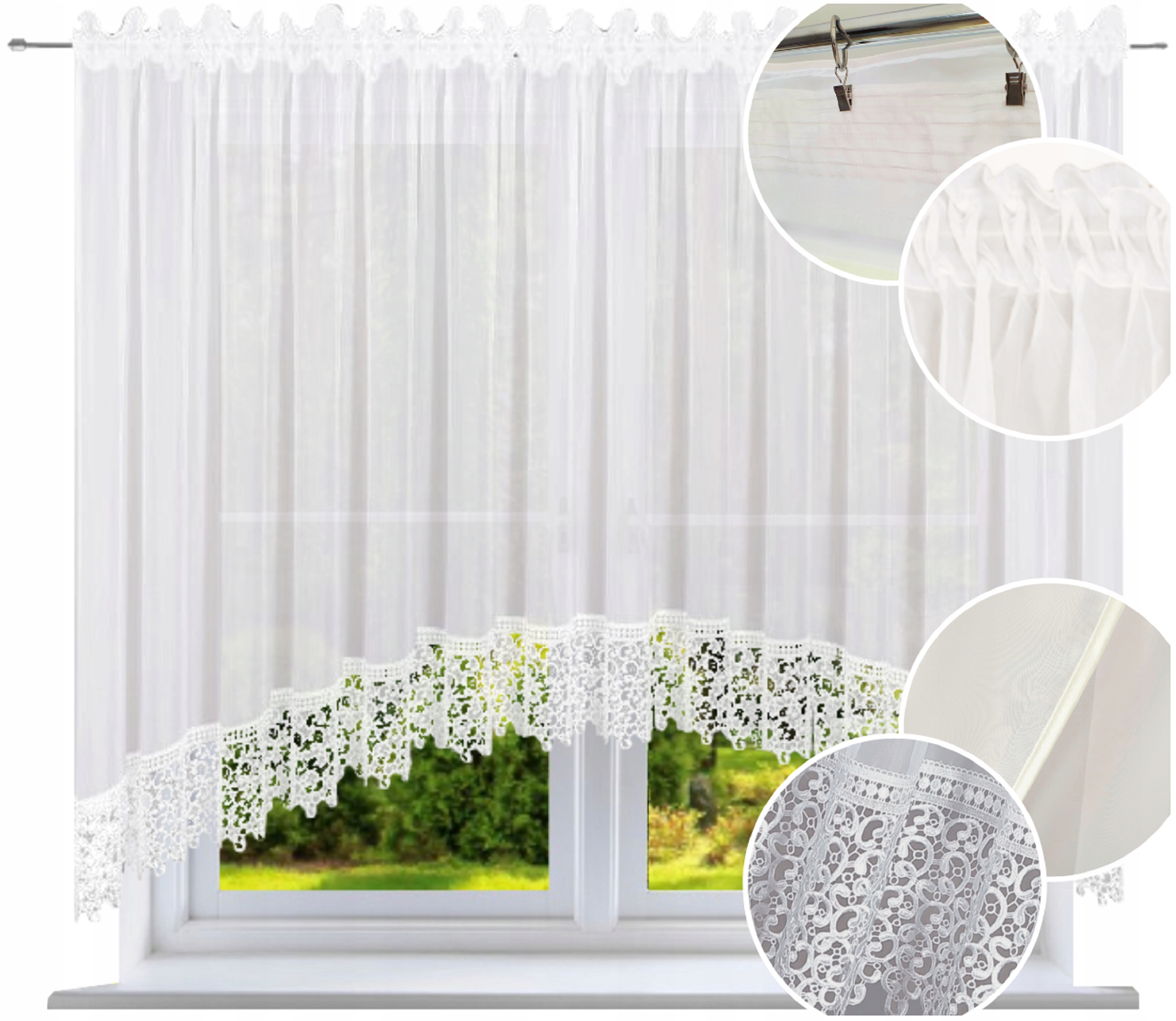 Firana gotowa z gipiurą w łuk 400x140 Firanka gładka firany z koronką salon