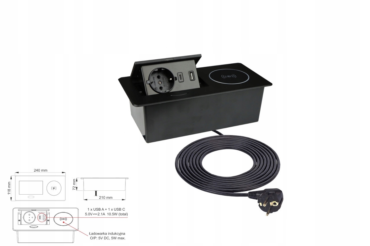 Dosková zásuvka Zeobox, čierna, 1x francúzska zásuvka, 1xUSB A, 1xUSB C,
