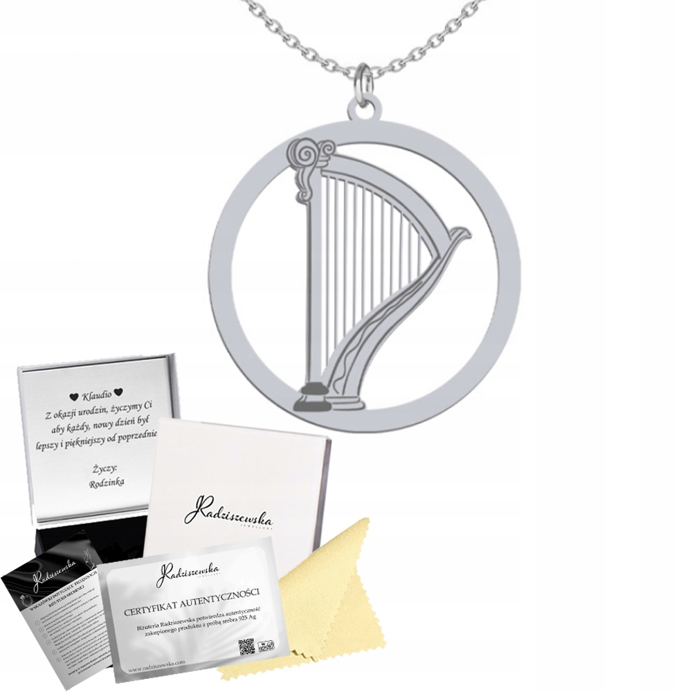 Stříbrný Náhrdelník S Harfou Harfa Řetízek Dárek Stříbro 925 Gravírování Bonus