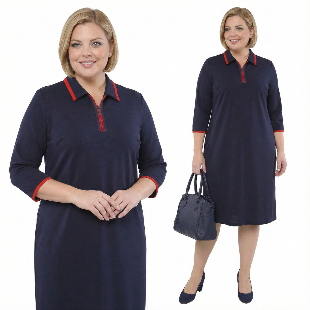 Tmavě modrá šaty s červeným zipem a velikostí, velikost 60