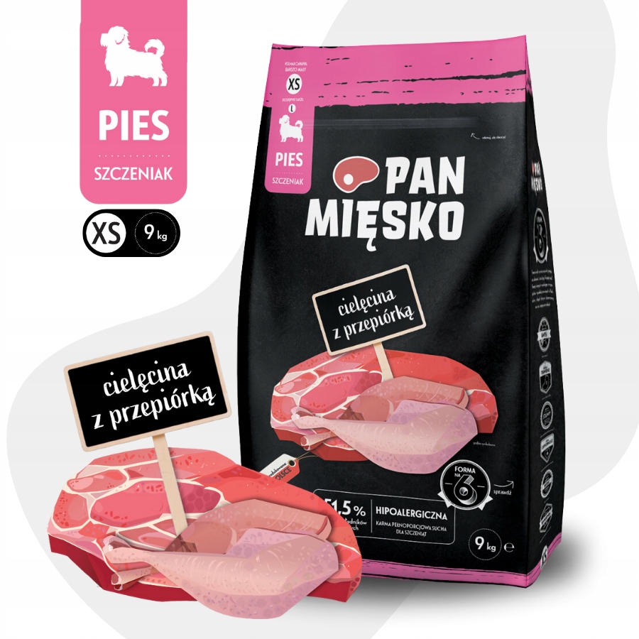 Pan Mięsko Karma sucha Cielęcina z Przepiórką Małe rasy Szczeniak Xs 9kg