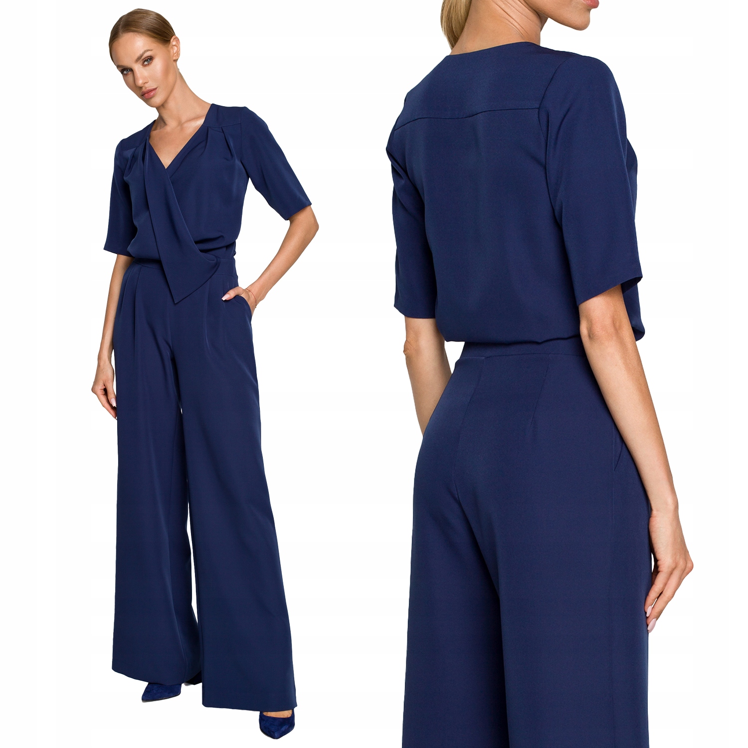 ELEGANCKI DAMSKI KOMBINEZON KOBIECY LUŹNE DŁUGIE NOGAWKI GRANATOWY 38 M