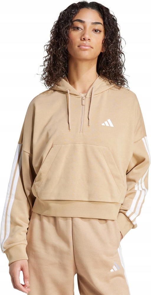 Mikina mikina Essentials 3-Stripes French Terry se čtvrt zipem, béžová, velikost 2XL