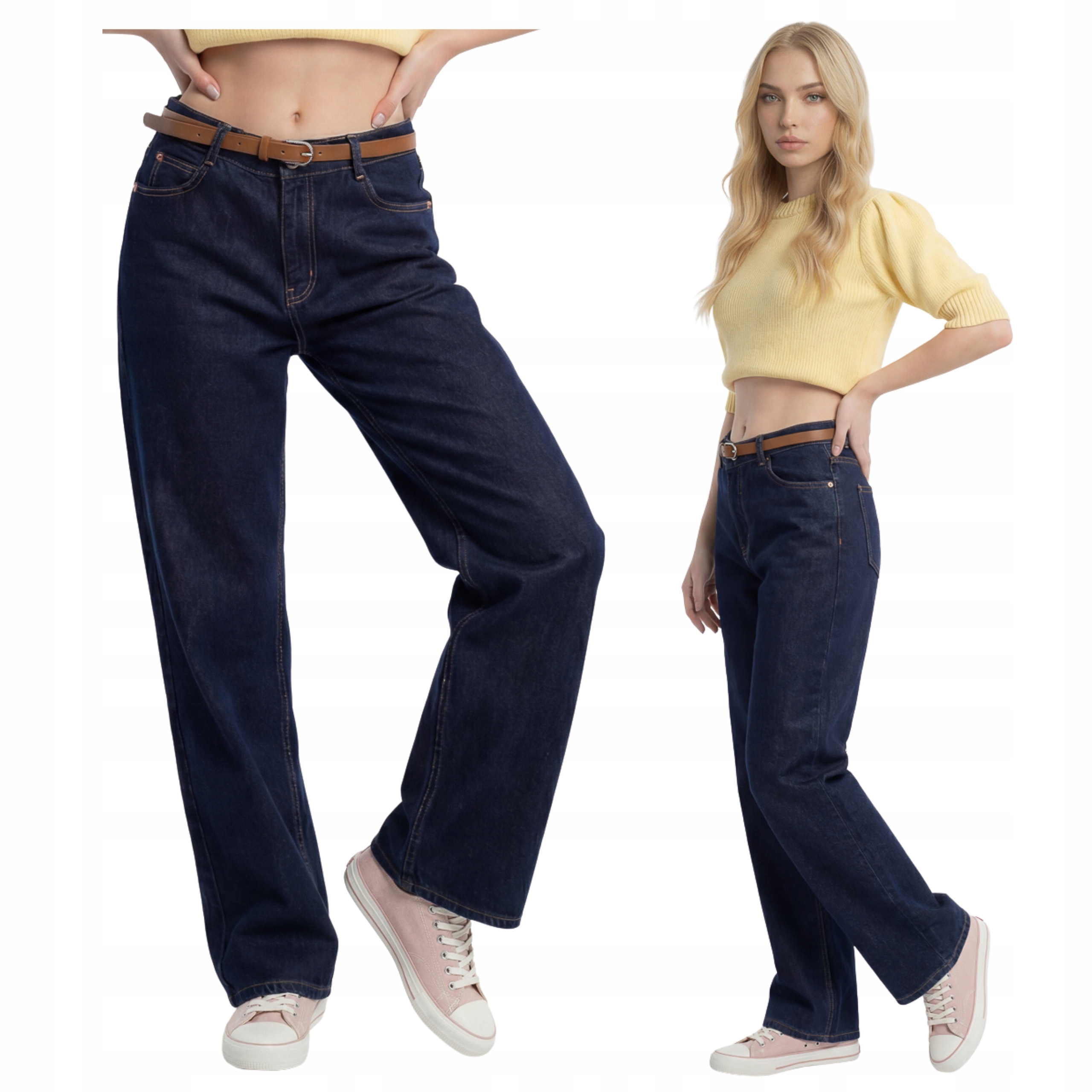 Spodnie Damskie Jeansowe Proste Nogawki Jeansy Duże Rozmiary Wysoki Stan