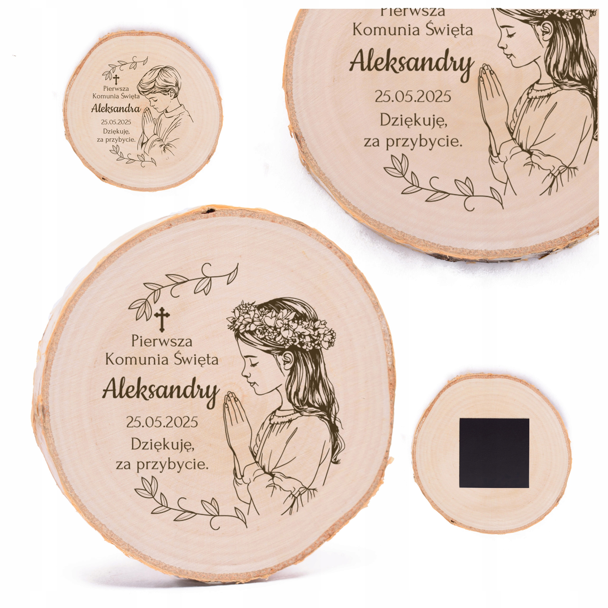 PODZIĘKOWANIE DLA GOŚCI NA KOMUNIĘ PLASTER DREWNA MAGNES RUSTYKALNE BOHO