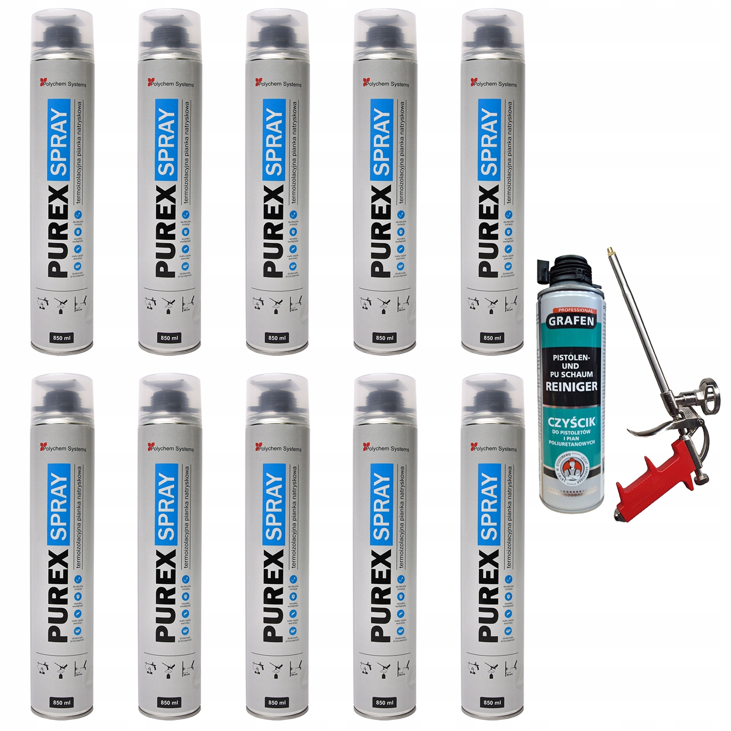 10x PUREX SPRAY Pianka Izolacyjna Piana PUR Natryskowa + Czyścik + PISTOLET