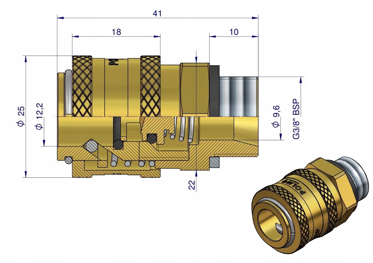 Szybkozłącze pneumatyczne P26 NW7.2 gniazdo 3/8"BSP gwint zewnętrzny POLMO Marka Polmo