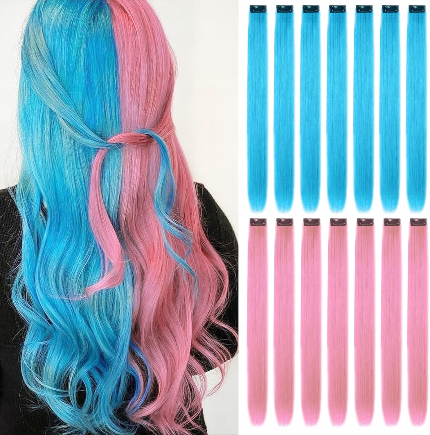 Koncovky Pramínku Na Vlasy 16 x Prodloužení Světle Modrá Růžová Umělé Vlasy