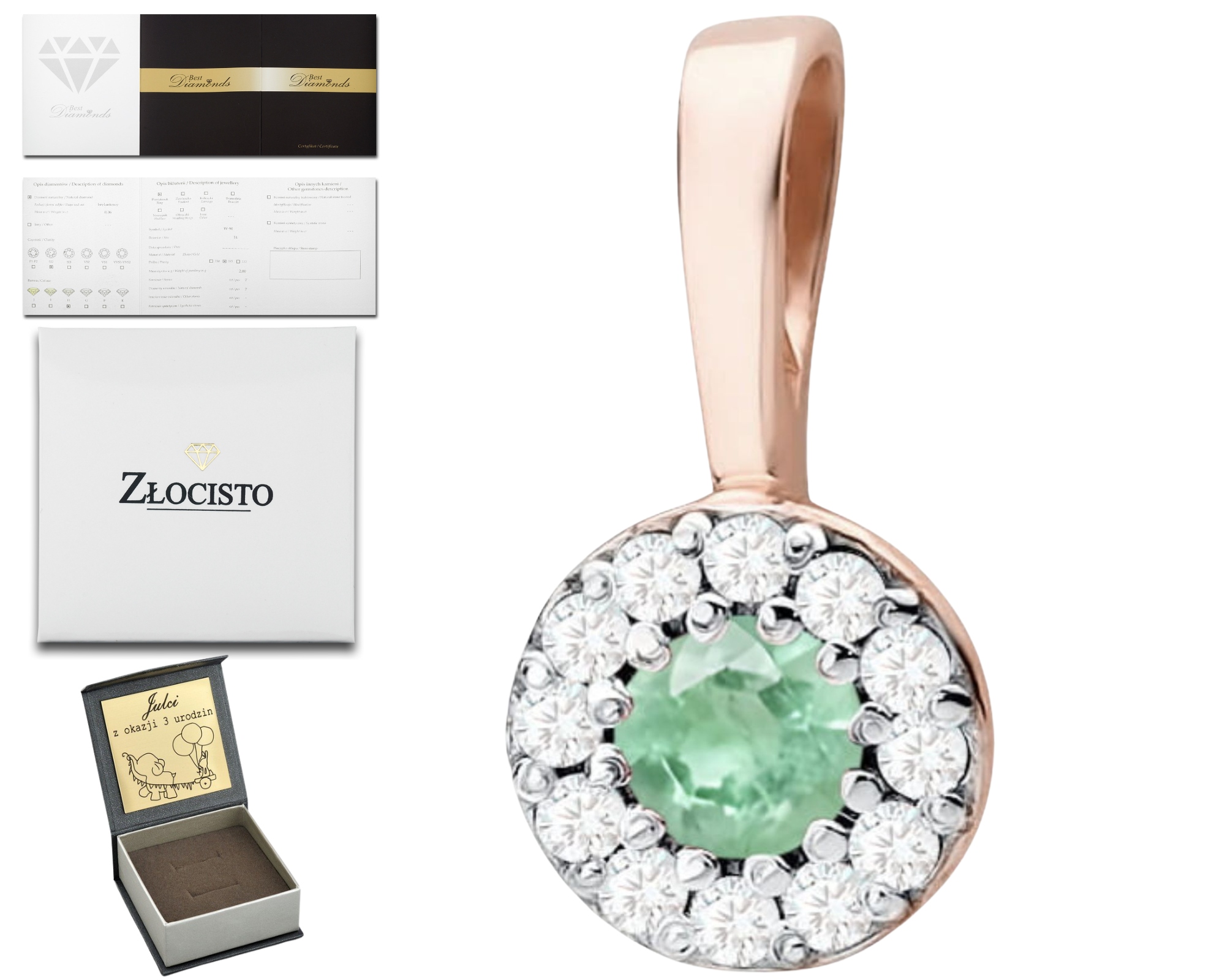 Růžový Zlatý Přívěsek Smaragd Smaragdem A Diamanty, Zlatý Dárek 585