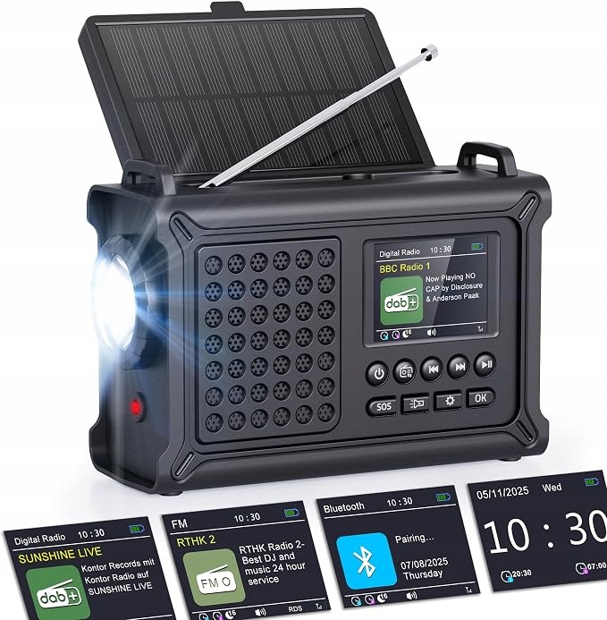 Solární rádio s klikou a Bluetooth svítilnou, přenosná powerbanka Fm Dab Sos