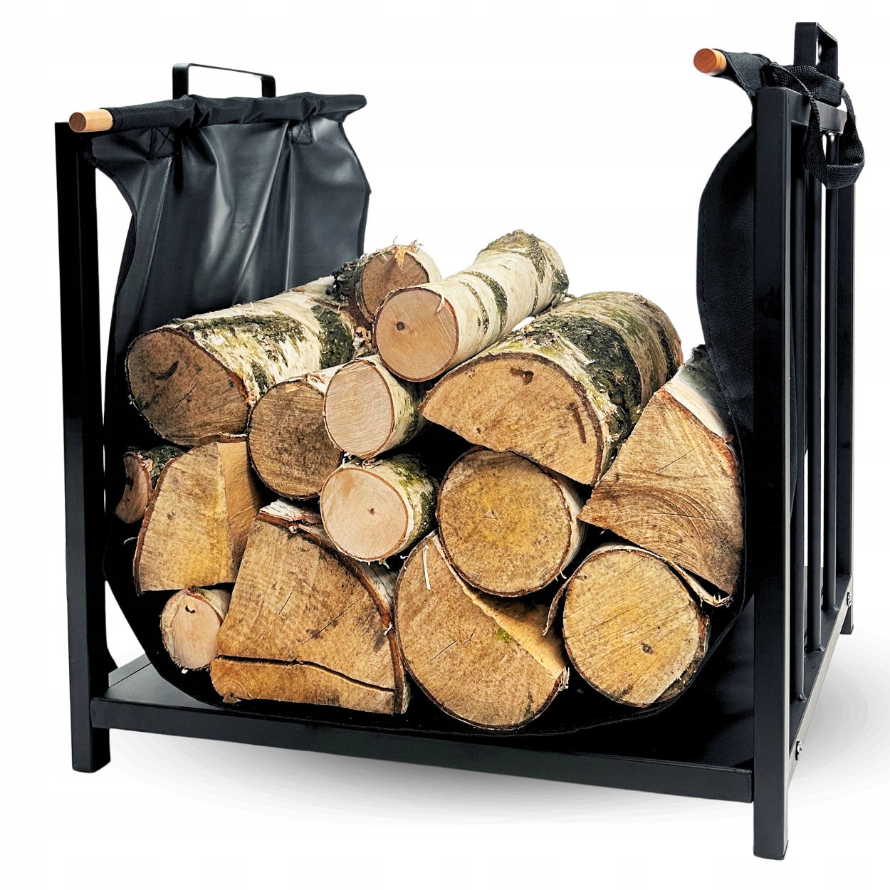 STOJAK KOSZ NA DREWNO KOMINKOWE METALOWY CZARNY PRZENOŚNY 50x51 CM + TORBA
