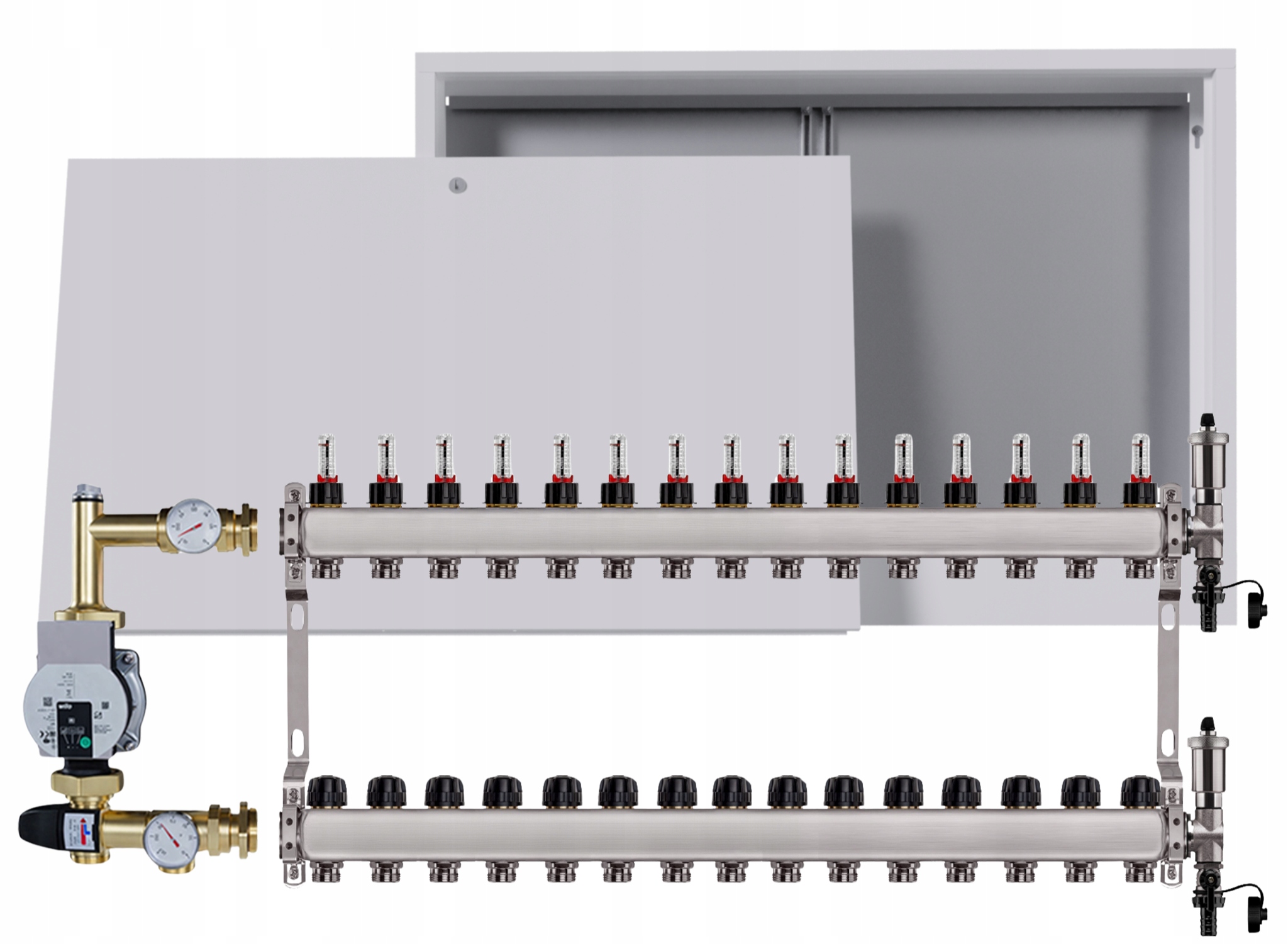 Nerezový rozdělovač pro podlahovku 15 s nástěnným boxem Pumpa Wilo