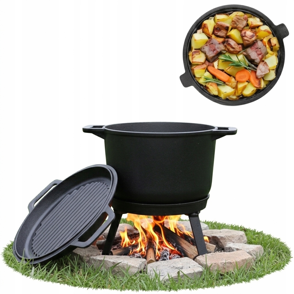 Litinový Kotlík S Pánví 8 L, Lovecký Hrnec Na Oheň, Gril, Pečeně