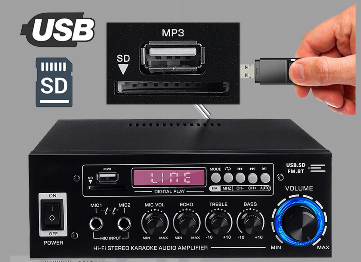 MINI WZMACNIACZ HIFI BLUETOOTH 5.0 STEREO AUDIO Z ANTENĄ LED Model Bluetooth Sound Power Amplifiers FM