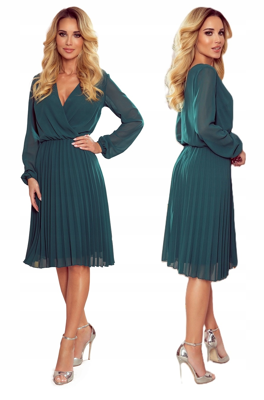 Plisované Šaty S Dlouhým Rukávem A Hlubokým Výstřihem, Lahvově Zelená Barva Xs