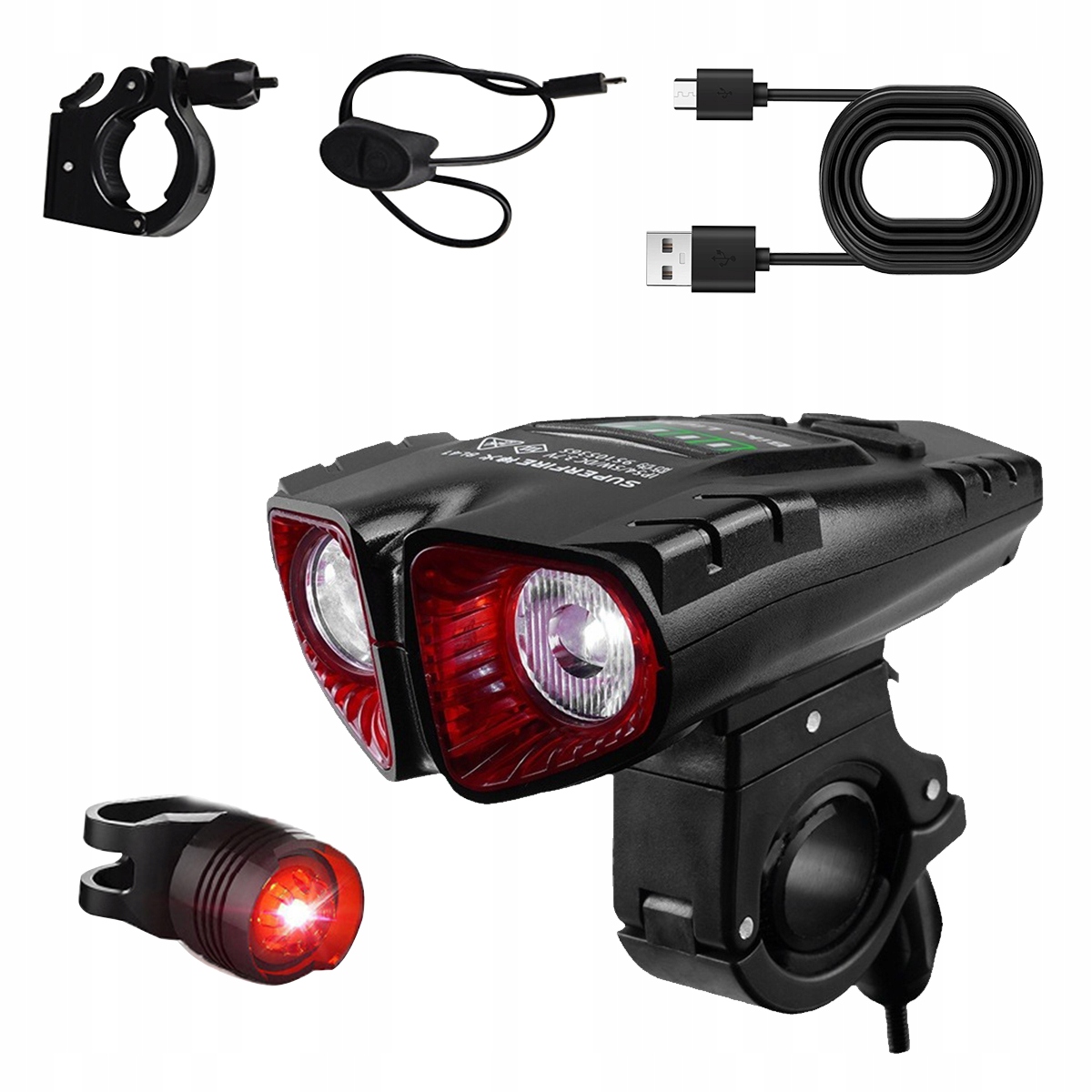 LAMPKA ROWEROWA PRZEDNIA + TYLNA KLAKSON ZESTAW ŚWIATŁO USB LED PRZÓD + TYŁ