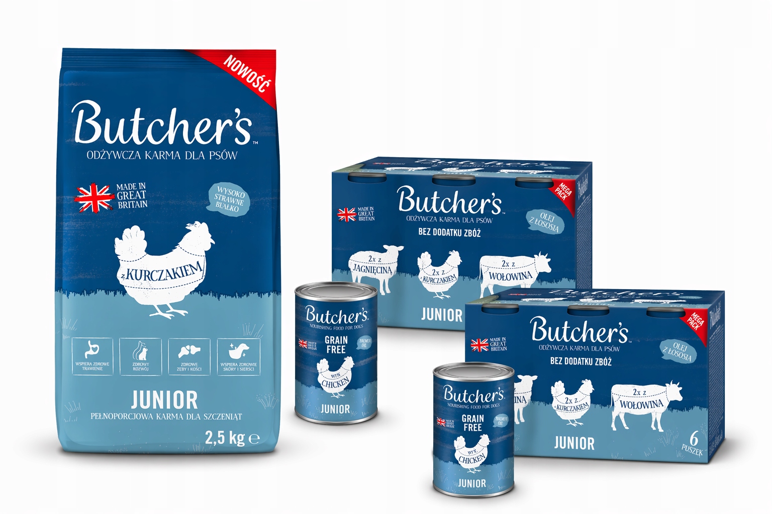 Butcher's Junior sucha karma dla psa kurczak 2,5kg, mokra karma mix 12x400g