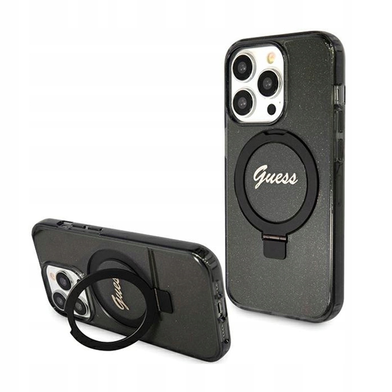 Guess Ring Stand Script Glitter MagSafe – Pouzdro pro iPhone 15 Pro Max (černé)