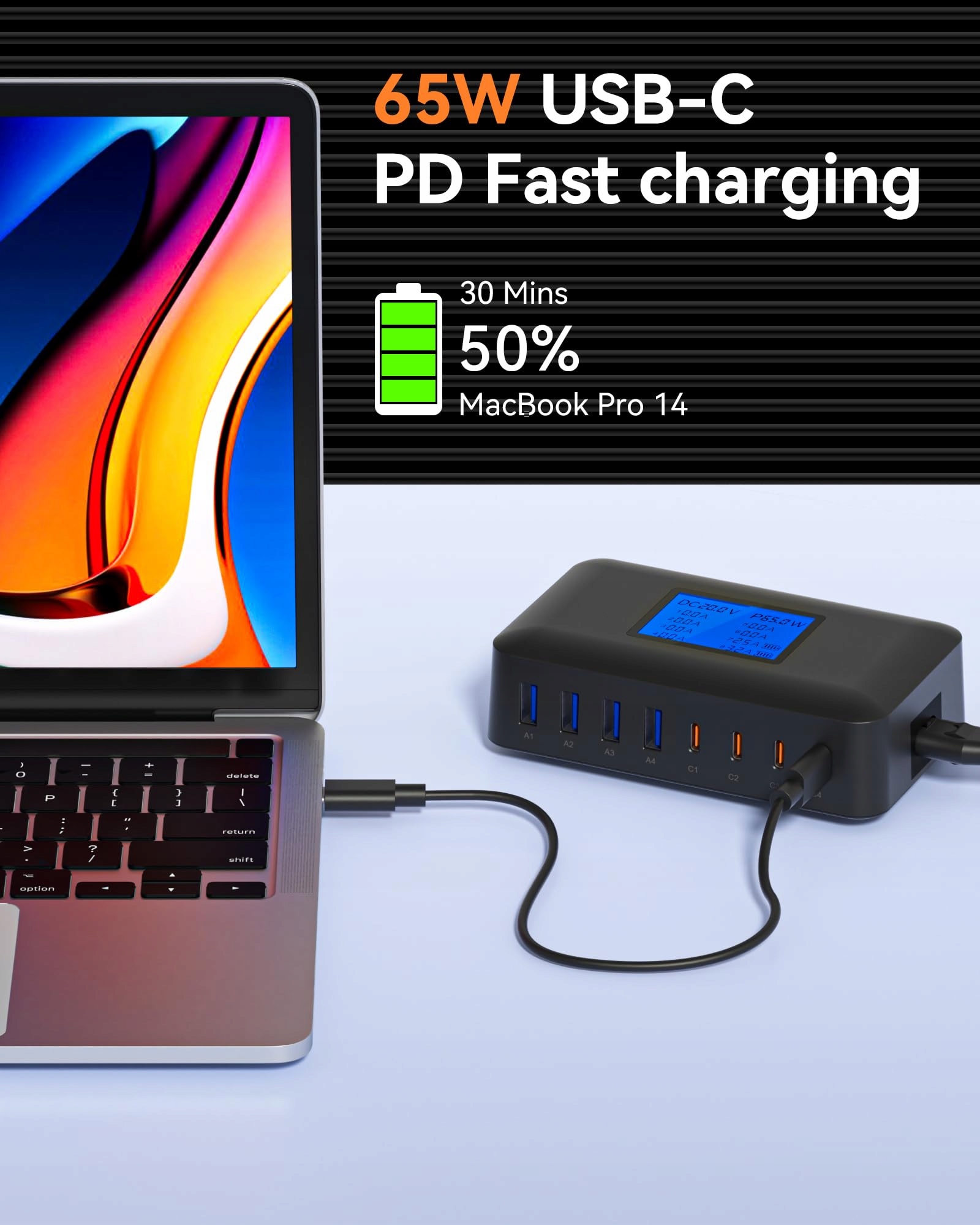 USB C 200W ŁADOWARKA 8-Portowa Stacja Ładowania LCD PD 65W MacBook — miniatura 3