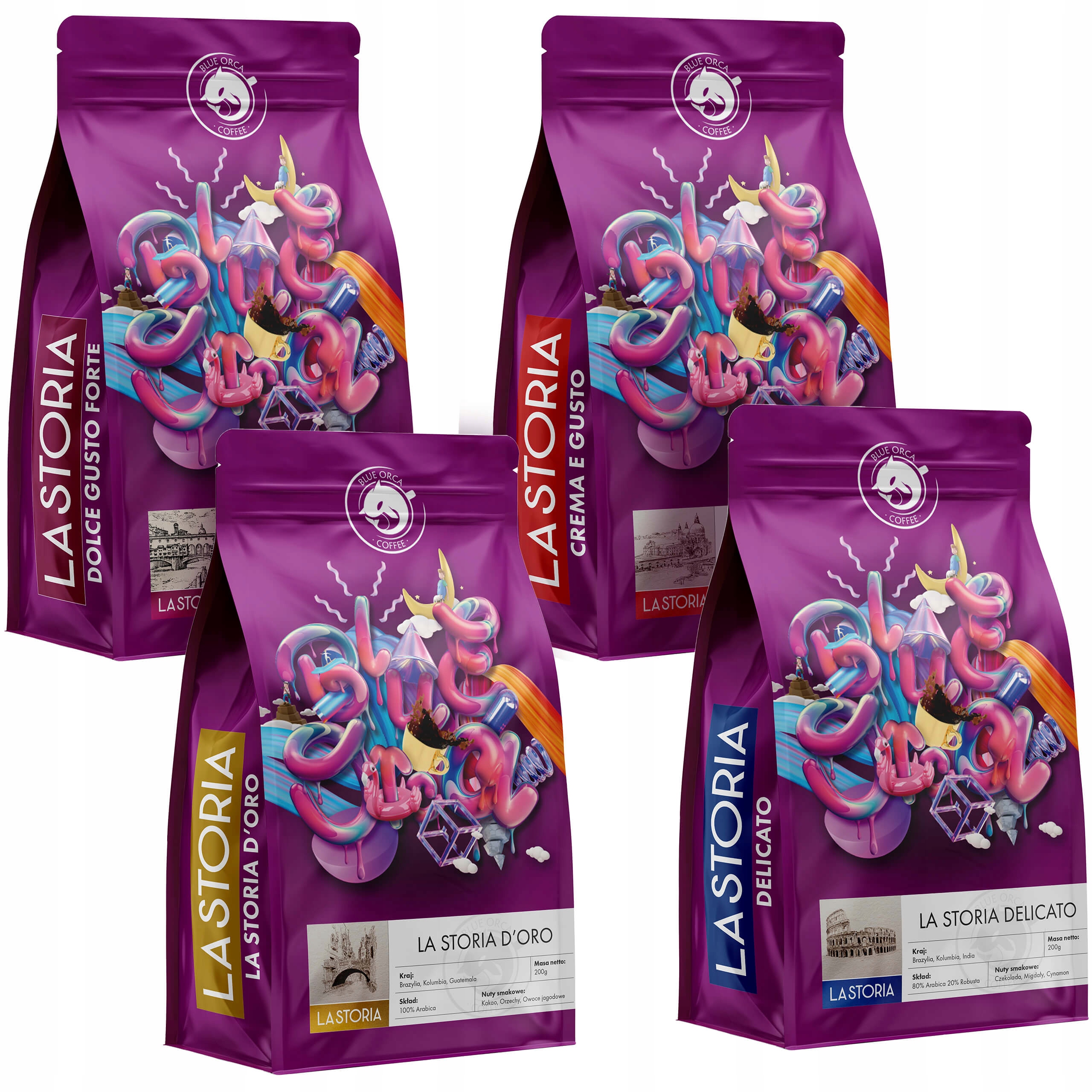 Levně Káva Zrnková La Storia Čerstvě pražená sada 4x200 g Blue Orca Coffee