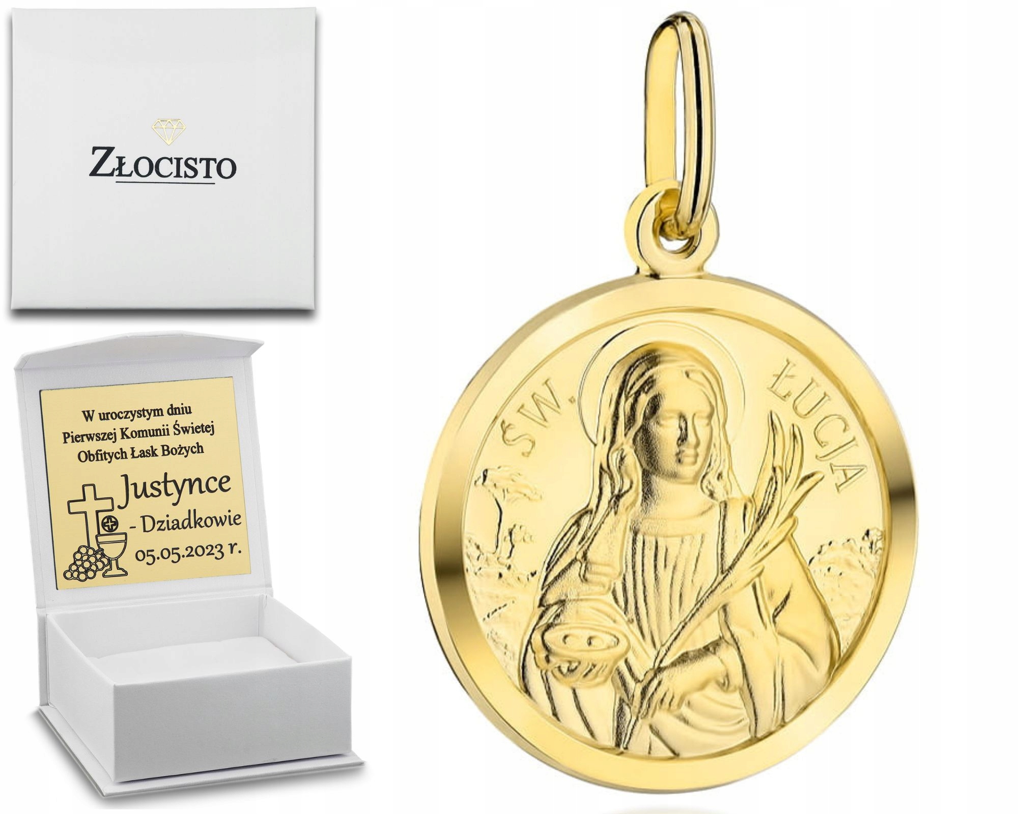 Zlatý Medailonek Přívěsek Svatá Lucie 585 Gravírování Křest Svaté Přijímání Dárek