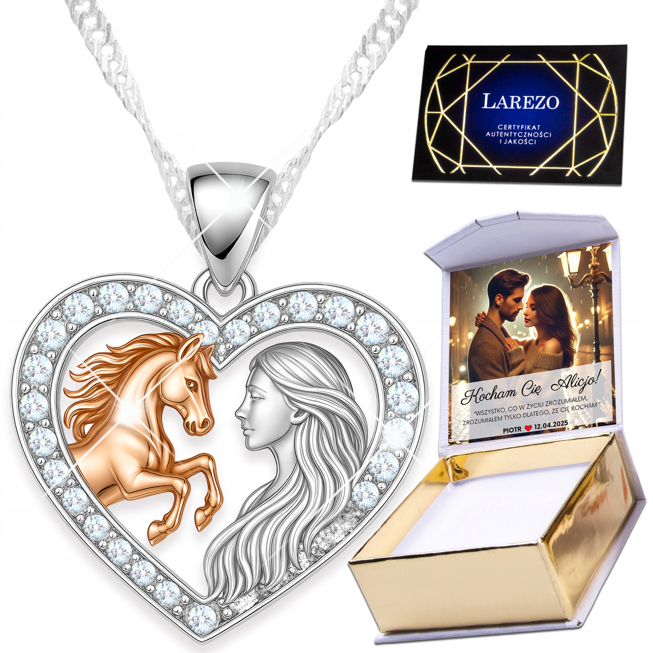 Stříbrný náhrdelník 925 Dívka a kůň Srdce Žena Koník Krystaly Potisk