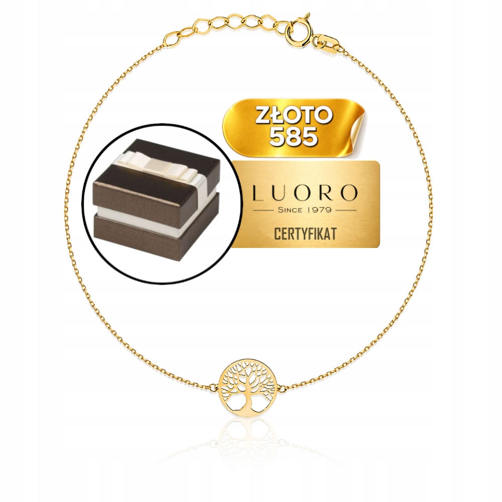 Náramek Zlatý 585 14K Stromek Štěstí V Kruhu 17 CM Nastavitelný
