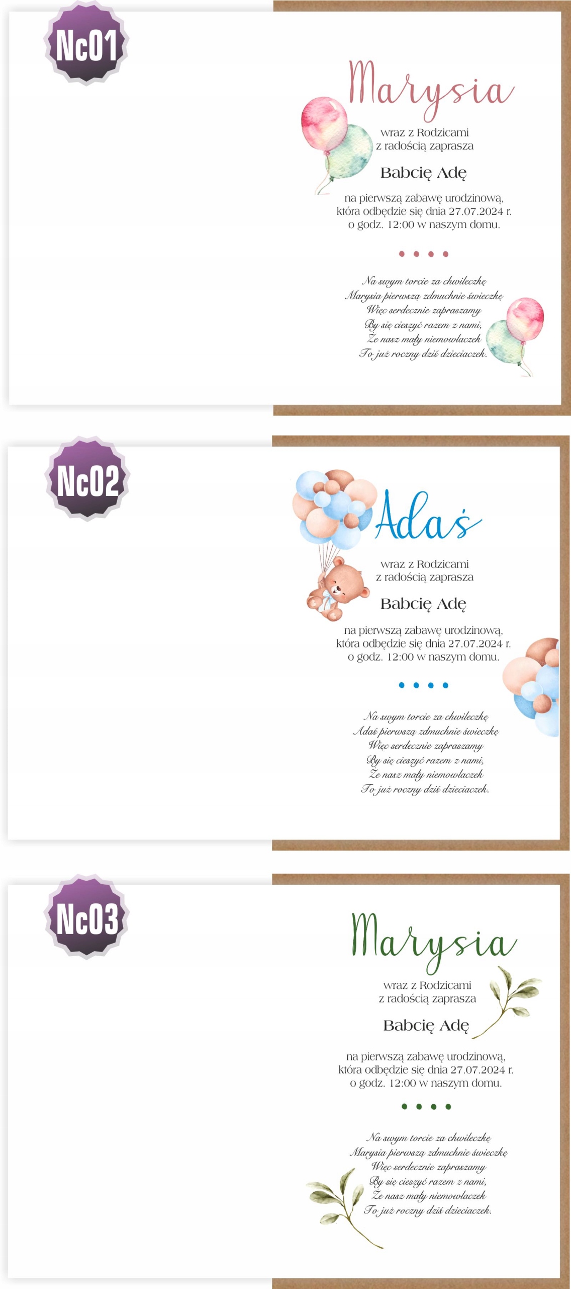 Zaproszenia na Roczek ze zdjęciem miś balony Szerokość produktu 10.5 cm