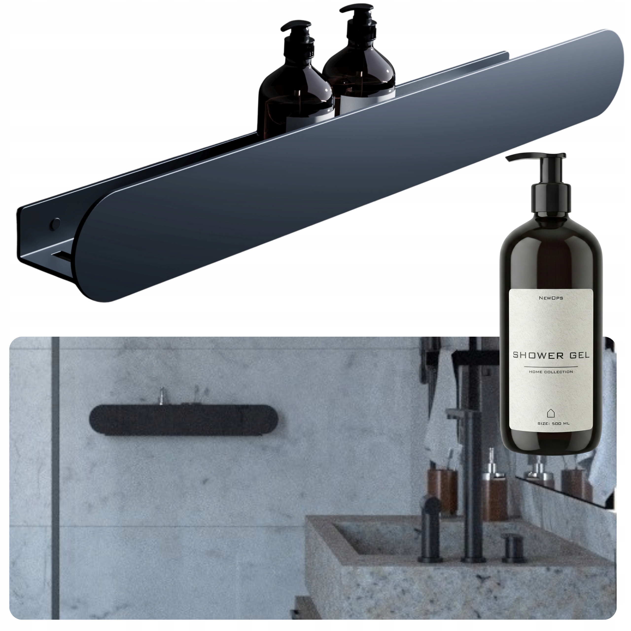 METALOWA PÓŁKA ŁAZIENKOWA PRYSZNICOWA LOFT CZARNA ŚCIENNA 58 cm + GRATIS