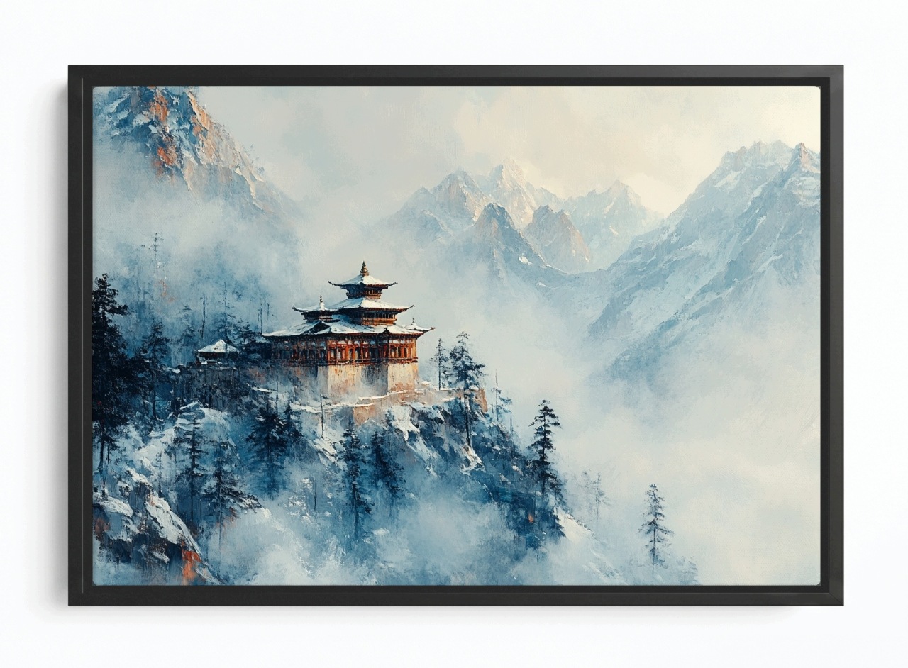 Obraz Rám Americký Box Buddhistický Chrám Hory Mlha Krajina 120x80