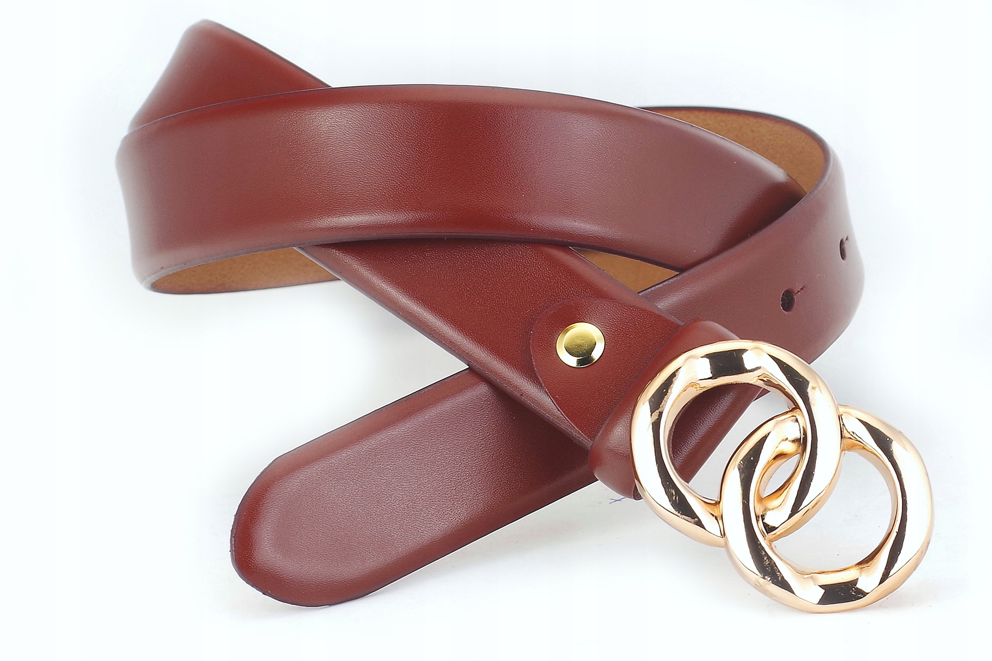 DAMSKI PASEK SKÓRZANY BRĄZ Złota Klamra roz.105 Długość bez klamry 122 cm