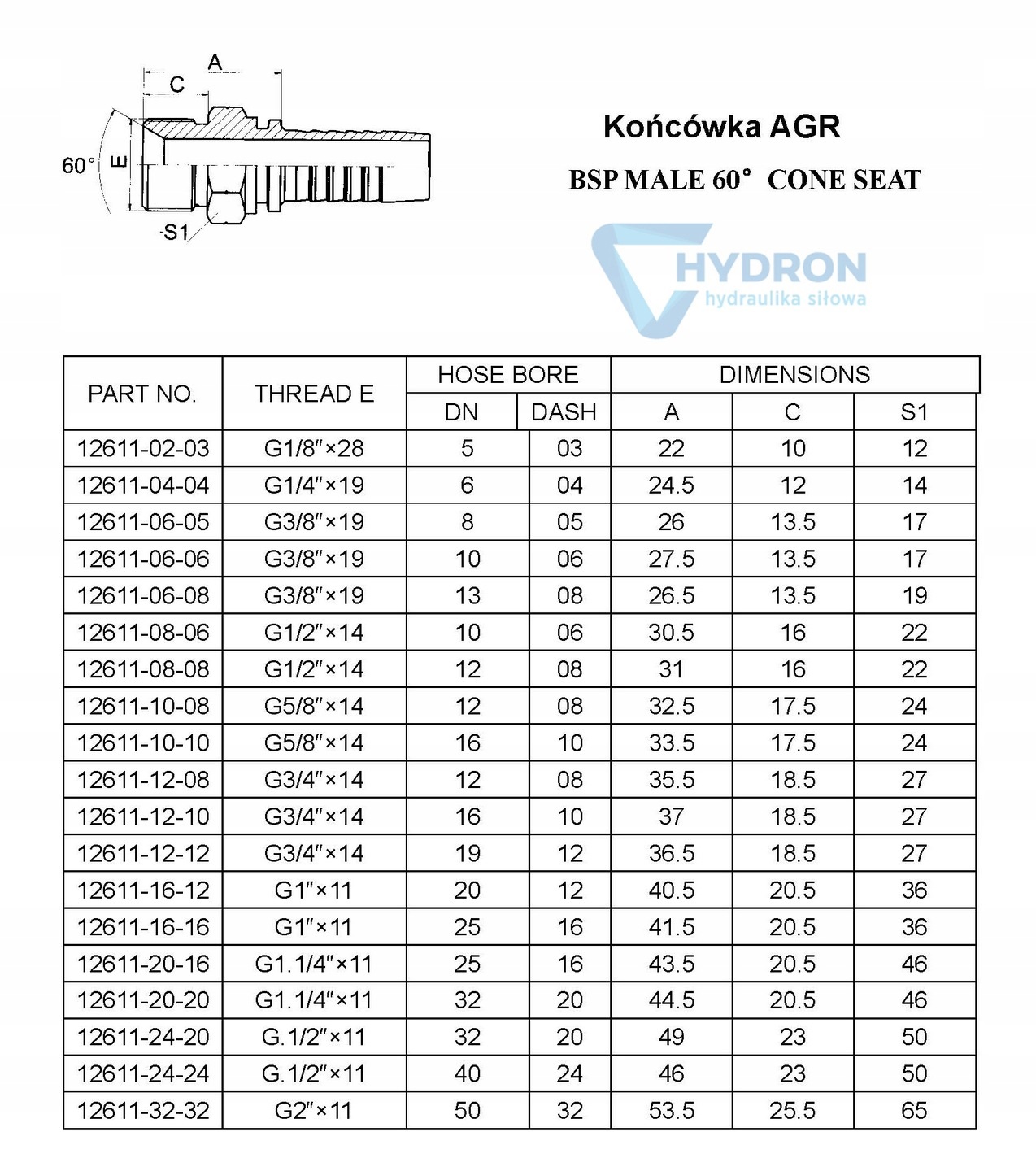 Końcówka AGR 08 1/2" BSP Marka Hydron