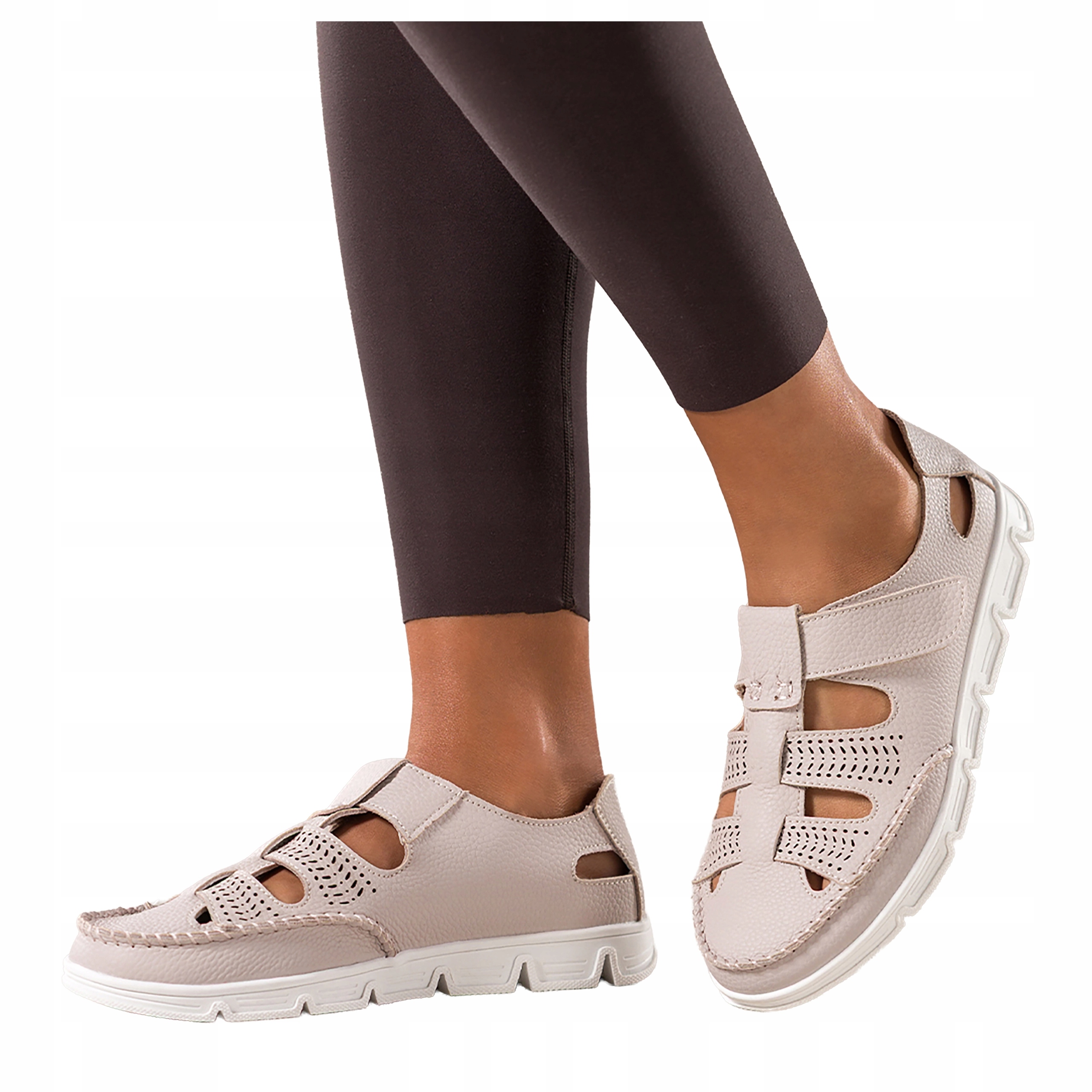 Béžové dámské kožené Polobotky na suchý zip Ažurové na platformě Modne r 40