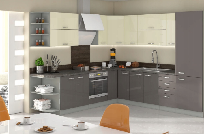 Kuchyňský Nábytek Olga šedý Lesk 39 skříněk na výběr S Tlumením Dovírání 3 barvy